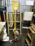 LOT OF ASSORTED HAND TOOLS; 6 PIECE LOT TO INCLUDE A DUST PAN, HAND BROOM, A WOODEN HANDLED BROOM, A