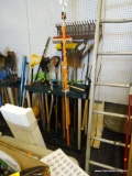 LOT OF ASSORTED HAND TOOLS; 14 PIECE LOT TO INCLUDE A LARGE PLASTIC RAKE, A COPPERHEAD ROTARY EDGER,