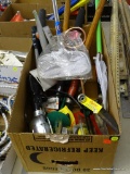 BOX LOT OF ASSORTED ITEMS; LOT INCLUDES FISKARS 28 IN BYPASS LOPPER CUTTERS, A CRAFTSMAN 20 FT REEL