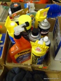TRAY LOT OF ASSORTED CLEANERS; LOT INCLUDES 3 CANS OF PRESTONE WINDSHIELD DE-ICER, RAIN-X DE-ICER,