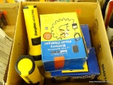 TRAY LOT OF ASSORTED ITEMS; LOT INCLUDES 2 YELLOW ENERGIZER FLASHLIGHTS, 2 DRILL MASTER 18V