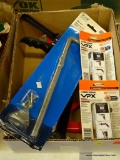 TRAY LOT OF ASSORTED ITEMS; LOT INCLUDES 2 BRAND NEW DRIP-FREE CAULK GUNS, A 1/2 IN X 12 IN CANE