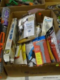 TRAY LOT OF ASSORTED HOME REPAIR ITEMS; LOT INCLUDES A PREPASTED WALLCOVERING TOOL SET, AN 18 IN