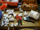 TRAY LOT OF ASSORTED ITEMS; LOT INCLUDES ASSORTED PVC JOINTS AND PIECES, AND ORBIT 1/2 IN - 1 IN