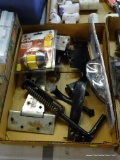 TRAY LOT OF ASSORTED ITEMS; LOT INCLUDES AN ACE DOUBLE CYLINDER DEADBOLT, 2 NATIONAL HARDWARE RUSTIC