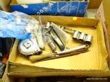 TRAY LOT OF ASSORTED ITEMS; LOT INCLUDES A TAPE MEASURE, SAFETY GOGGLE, ASSORTED SOCKETS, FILES, 3