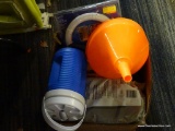 BOX LOT OF ASSORTED ITEMS; LOT INCLUDES A LARGE ORANGE FUNNEL, A CIRCLINE REPLACEMENT BULB, A BLACK