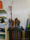 LOT OF ASSORTED HAND TOOLS; LOT INCLUDES 3 SHOVELS, 3 POST HOLE DIGGERS, A DUAL LINK POLE SAW , A