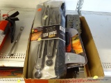 GRILLING ITEMS; BOX LOT OF GRILLING ITEMS, SOME NEW IN PACKAGES- 3 PC. TONG SET, GRILL THERMOMETER,