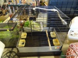 WIRE BIRD CAGE; BLACK WIRE BIRD CAGE WITH TOP HANDLE, LARGE FRONT OPENING, 4 FOOD AND WATER DISHES,