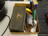 BOX LOT; BOX LOT OF GARDEN TOOLS, CLIPPERS, SHEARS, HAND SPADE, ETC.