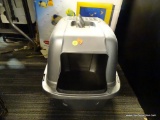 CAT LITTER BOX; 2 PIECE GREY CAT LITTER BOX WITH SNAP ON HANDLED TOP. HAS FRONT OPENING. PERFECT FOR