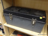 TOOL BOX; POPULAR MECHANICS VINYL TOOL BOX WITH CONTENTS- TROWEL, 2 STAPLE GUNS, ETC.