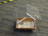 WIRE BIRD CAGE; MEDIUM SIZED STAINLESS STEEL WIRE BIRD CAGE WITH 2 WHITE PERCHES, 3 FRONT OPENINGS,