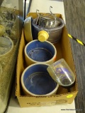 BOX LOT OF ASSORTED PET DISHES; LOT INCLUDES 3 STONEWARE CROCK DOG DISHES, 3 METAL BOWLS, A BIRD