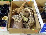 LOT OF ASSORTED TERRARIUM DECOR ITEMS; BOX CONTAINS A TREE STUMP HIDING PLACE, DRIFTWOOD, A WATER