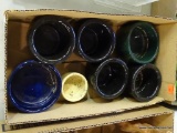 BOX LOT OF PET DISHES; LOT CONTAINS 7 SMALL STONEWARE CROCK PET DISHES.