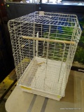 METAL BIRDCAGE; MEDIUM WHITE METAL WIRE BIRDCAGE WITH TOP CARRYING HANDLE, AND LARGE FRONT LATCHING