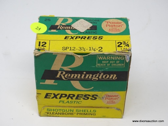 BOX OF REMINGTON EXPRESS PLASTIC 12 GAUGE SHOTGUN SHELLS; COMPLETE BOX OF 25.