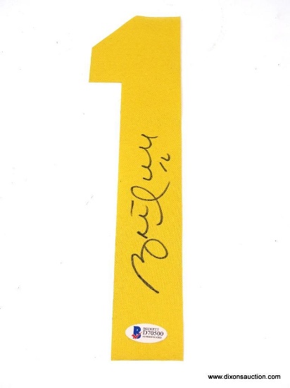 BRETT HULL SIGNED JERSEY NUMBER; BRETT HULL SIGNED #1 YELLOW JERSEY NUMBER CUTOUT. COMES IN PLASTIC