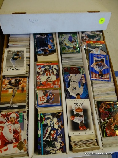 BOX OF UNRESEARCHED FOOTBALL, HOCKEY, BASKETBALL, AND BASEBALL CARDS; BOX OF 3,200 UNRESEARCHED