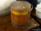 FIRKIN BUCKET WITH LID; WOODEN FIRKIN BUCKET WITH LID AND WOOD AND METAL BRANDING. HAS A WOODEN