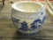 LARGE CERAMIC FLOWER POT; LARGE WHITE CERAMIC FLOWER POT WITH BLUE FLORAL, RIBBON AND GEOMETRIC