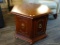 MAHOGANY SIDE TABLE; HEXAGON SHAPED SIDE TABLE WITH TWO FRONT CABINET DOORS WITH BRASS PULLS.