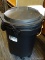 PLASTIC TRASH CAN; BLACK PLASTIC RUBBERMAID ROUGHNECK LID ON A SEMCO 32 GALLON TRASH CAN.