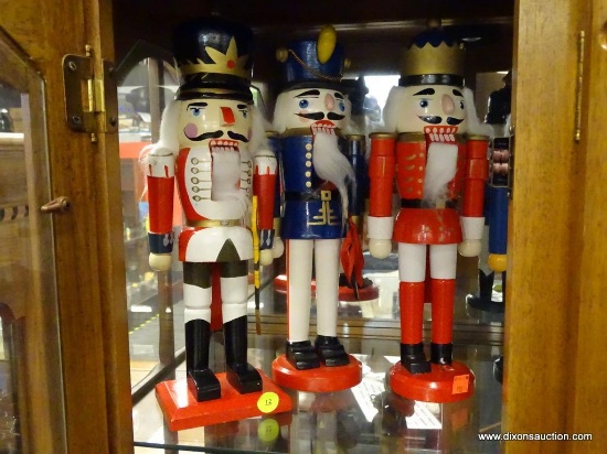 LOT OF SOLDIER NUTCRACKERS; 3 PIECE LOT OF NUTCRACKER WOOD KING CROWN RED, WHITE, AND BLUE SOLDIER