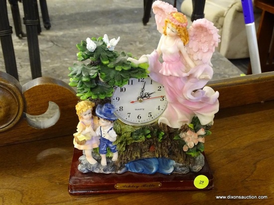 ASHLEY BELLE MANTLE CLOCK; ASHLEY BELLE QUARTZ MANTEL CLOCK WITH CERAMIC NATURE SCENE OF ANGEL