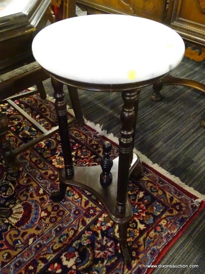 MARBLE TOP SIDE TABLE; SIDE TABLE WITH A ROUND WHITE MARBLE TOP WITH A MAHOGANY BASE. MARBLE SITS ON