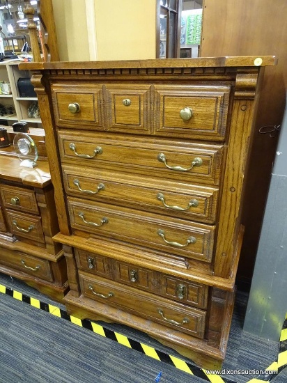 CEDAR TALL BOY; CEDAR TALL BOY WITH DENTAL MOLDING AND 5 DRAWERS, TOP ONE HAS METAL KNOBS, THE NEXT