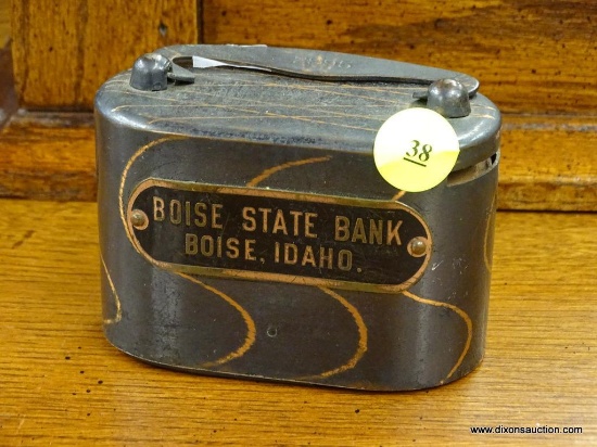 METAL MONEY BANK; BOISE STATE BANK METAL MONEY BANK WITH HANDLE AND SLOT FOR NOTES AND COINS WITH