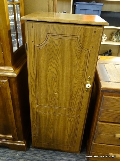 WALNUT CABINET; WALNUT CABINET WITH A ROUNDED TOP, CABINET DOOR WITH A WHITE KNOB AND PANELED