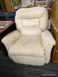FRANKLIN ROCKING RECLINING CHAIR; FRANKLIN CREAM COLORED RECLINING CHAIR. HAS A WOODEN LEVER, ON THE