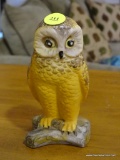 CERAMIC OWL STATUE; CERAMIC OWL STANDING ON A LOG FIGURINE. MEASURES 5 IN.