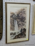 ORIENTAL WATERFALL PRINT; ORIENTAL WATERFALL PRINT WITH ORIENTAL CHARACTERS SITTING ON A CREAM