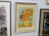 PAINTING OF SUNFLOWERS IN A VASE; STILL PAINTING OF SUNFLOWERS IN A VASE SITTING IN A BEIGE BORDER