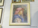 FRAMED PRINT OF WOMAN IN THE WOODS; FRAMED PRINT OF A WOMAN IN THE WOODS SITTING IN A WHITE CANVAS