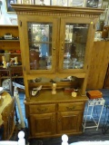 OAK OPEN FRONT CABINET; 2 PIECE OAK OPEN FRONT CABINET WITH DENTAL MOLDING ON BOTH PIECES. TOP PIECE