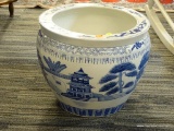 LARGE CERAMIC FLOWER POT; LARGE WHITE CERAMIC FLOWER POT WITH BLUE FLORAL, RIBBON AND GEOMETRIC