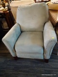 SOUTHERN MOTION RECLINER; KRANSTON BLUE HI LEG RECLINER WITH FLARED ARMS.