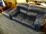 PALLISER FURNITURE FAUX LEATHER LOVESEAT; NAVY BLUE FAUX LEATHER LOVESEAT OVERSTUFFED BACK CUSHIONS