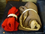 LOT OF BLANKETS; 2 PIECE LOT TO INCLUDE A RED 100% WOOL THROW AND A BROWN AND TAN REVERSIBLE