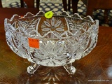 CUT GLASS CANDY BOWL; BOAT SHAPED CUT GLASS CANDY DISH WITH FROSTED FLORAL DESIGN. SITS ON 4 FEET.