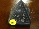 SLATE EGYPTIAN PAPERWEIGHT; BLACK SLATE PYRAMID SHAPED PAPERWEIGHT WITH HIEROGLYPHICS ON EACH SIDE.