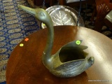 BRASS SWAN PLANTER; HEAVY SOLID BRASS SWAN PLANTER/STATUE WITH DETAILED FEATHERS AND BODY. MEASURES