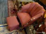 SHELL BACK SIDE CHAIR; BURGUNDY/RED UPHOLSTERED SHELL BACK SIDE CHAIR WITH SCALLOPED PATTERN. HAS