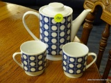 MELINA TEA SET; BLUE AND WHITE MCM MILENA 3 PIECE TEA SET. CONTAINS 2 TEA CUPS AND A TEAPOT. MARKED